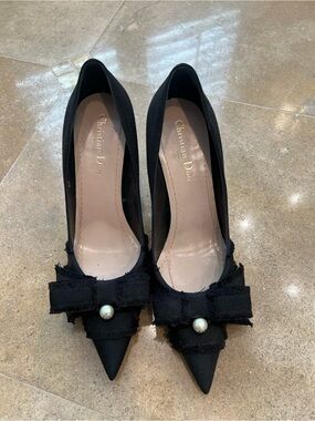 Dior Black Pointed Bow Pump with Pearl Accent